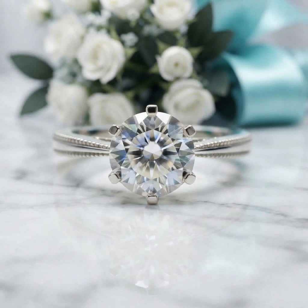 A round-cut solitaire engagement ring with a brilliant-cut clear gemstone in a silver-toned setting, resting on a white marble surface with a blurred bouquet of white roses and a light blue ribbon in the background.