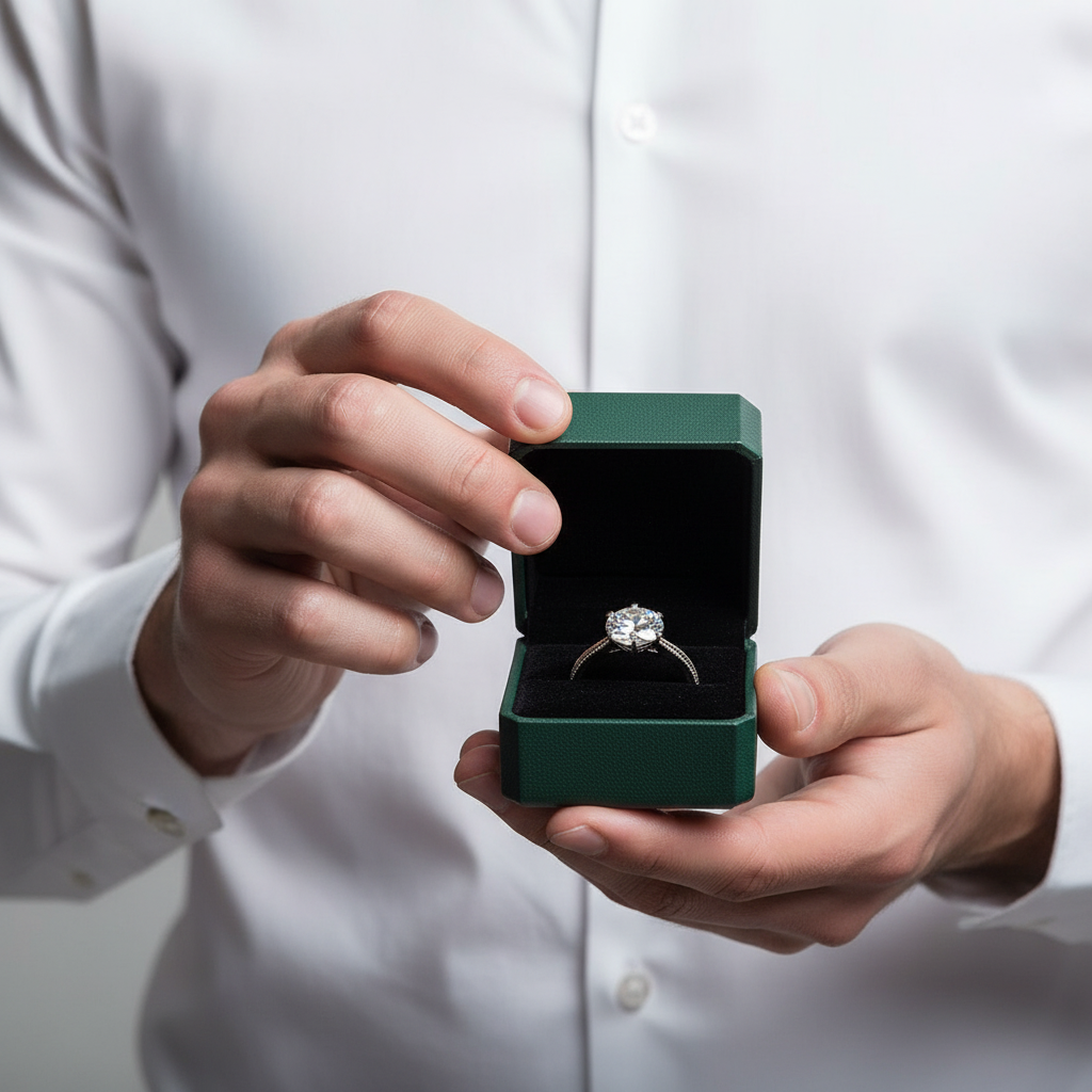 A close-up of a person in a white dress shirt holding an open dark green ring box with a silver ring featuring a clear gemstone inside.