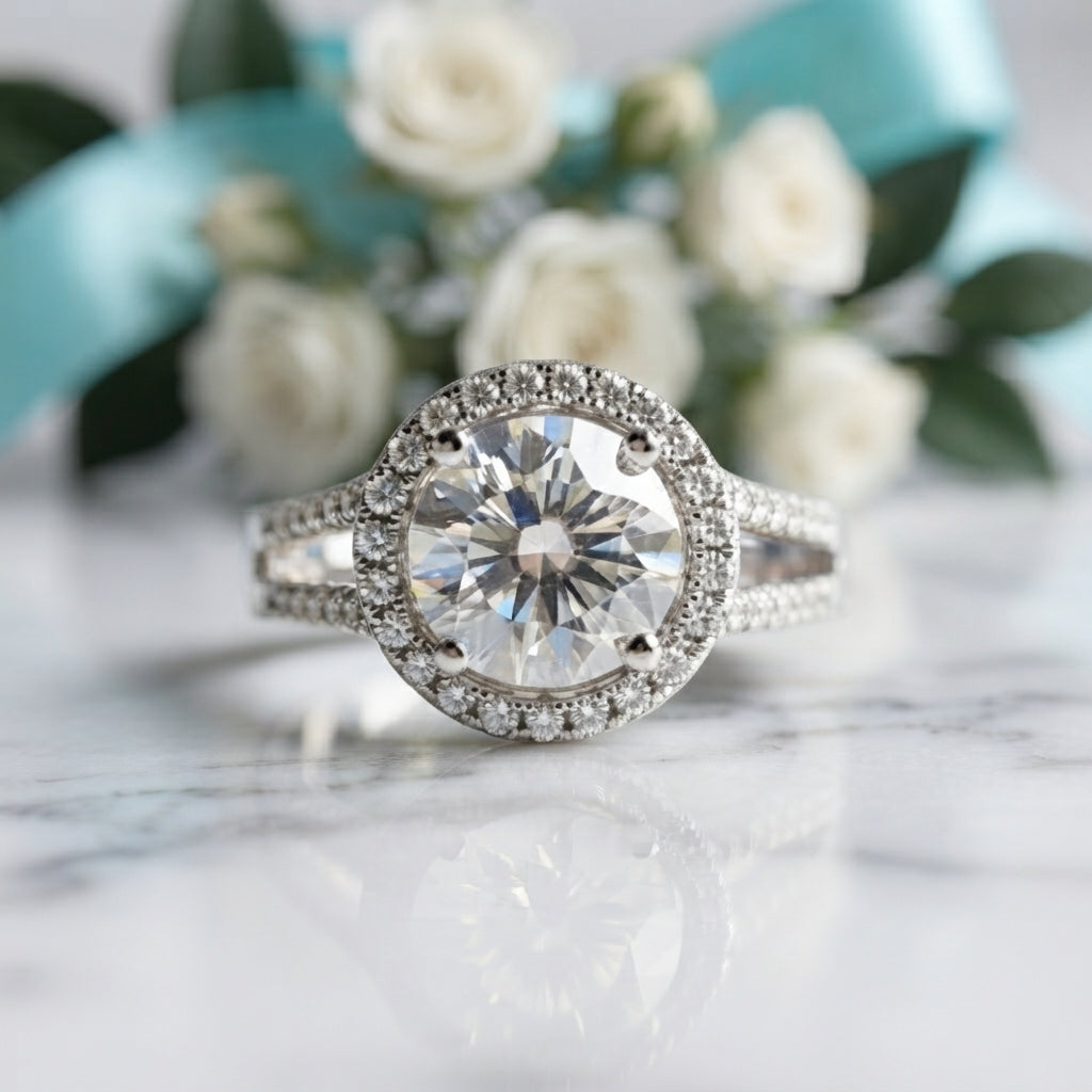 A round-cut diamond engagement ring with a halo setting and a silver-toned pavé band, displayed on a white marble surface with blurred white roses and a turquoise ribbon in the background.