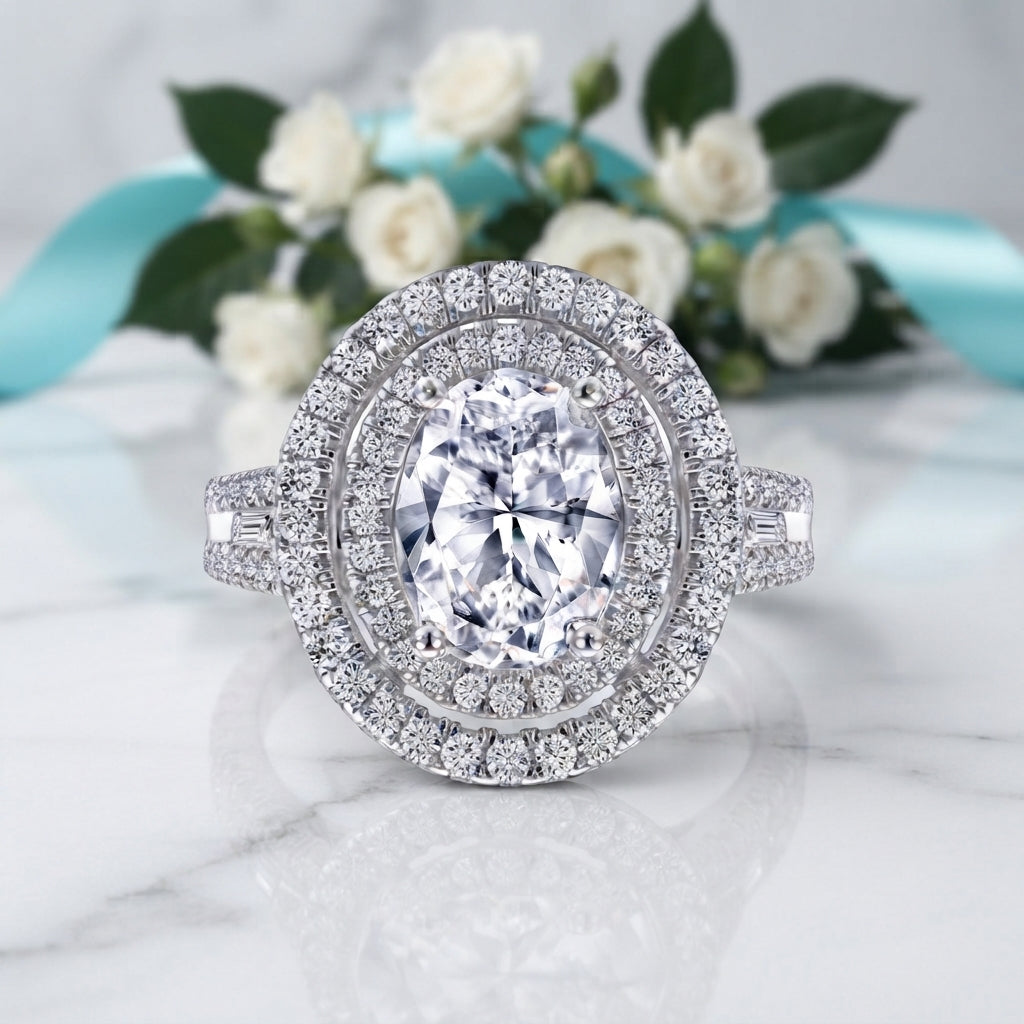 An oval halo ring with a brilliant center stone and surrounding pavé setting, displayed on a white marble surface with white roses and a turquoise ribbon in the background.