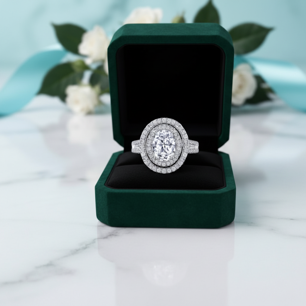A diamond engagement ring with a halo setting sits in an open dark green velvet jewelry box on a white marble surface, with soft-focus flowers and a blue ribbon in the background.