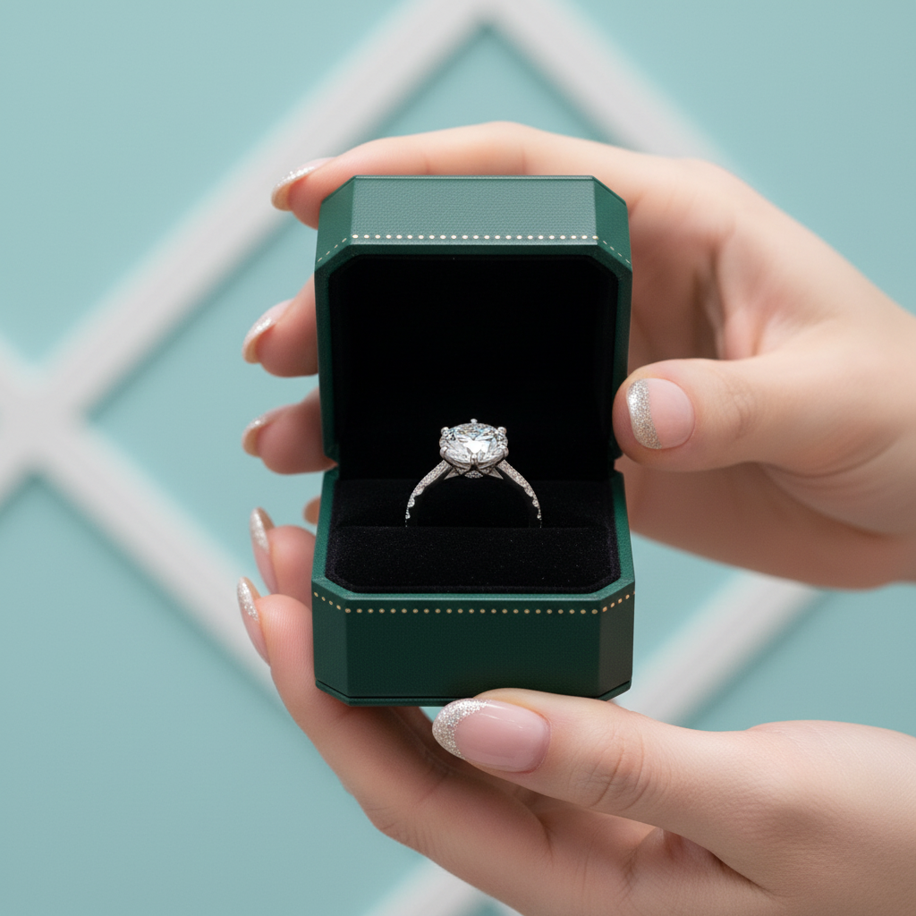 A silver-toned diamond engagement ring displayed inside an open dark green jewelry box held by two hands against a light blue geometric background.