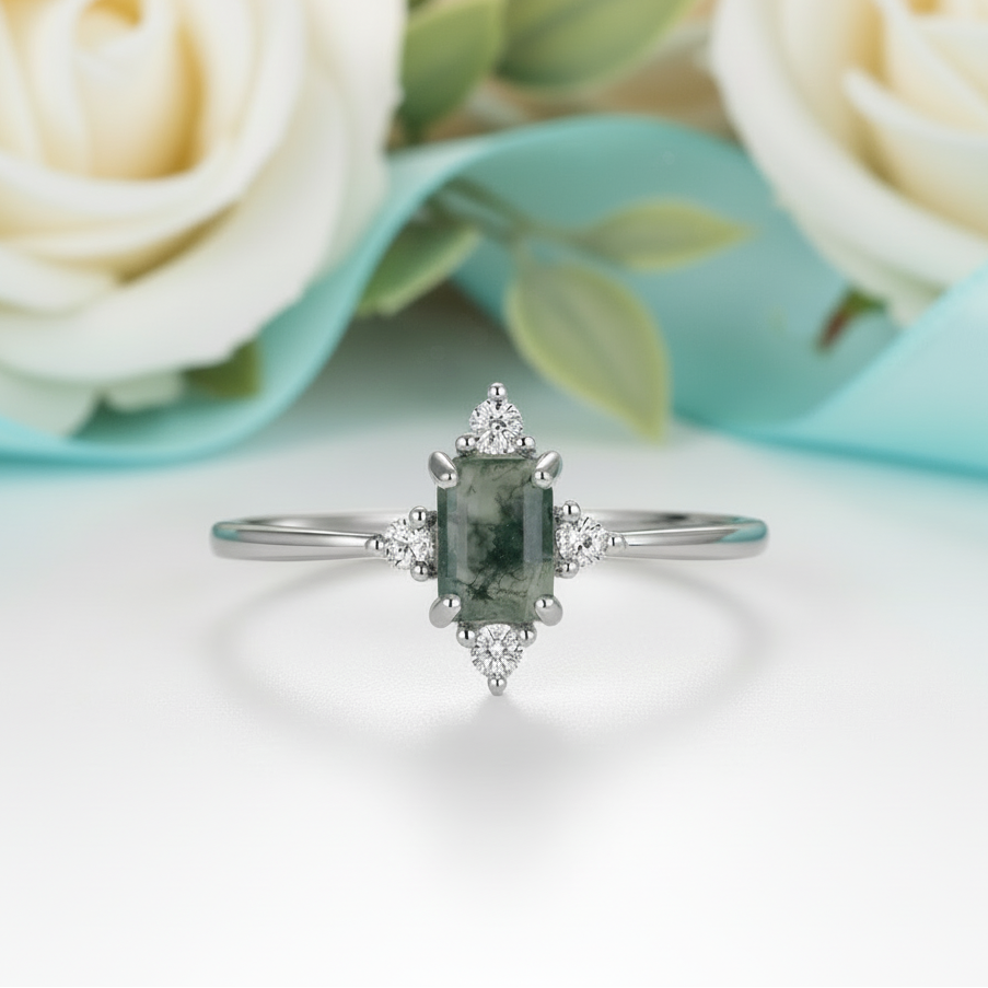 Chronicle of Two Hearts- Emerald Moss Agate & Cyan Moissanite Ring - Evani Naomi Jewelry