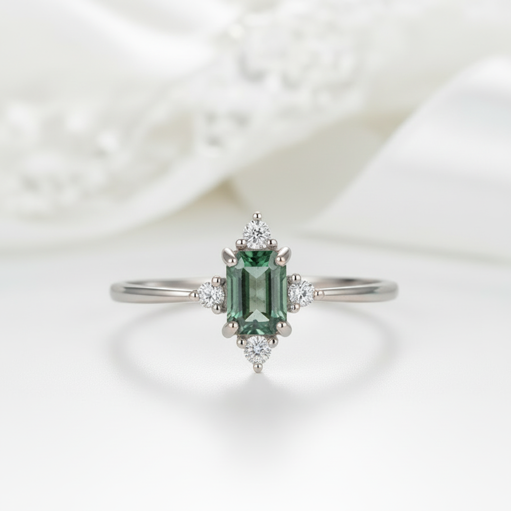 Chronicle of Two Hearts- Emerald Moss Agate & Cyan Moissanite Ring