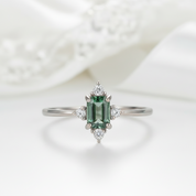 Chronicle of Two Hearts- Emerald Moss Agate & Cyan Moissanite Ring