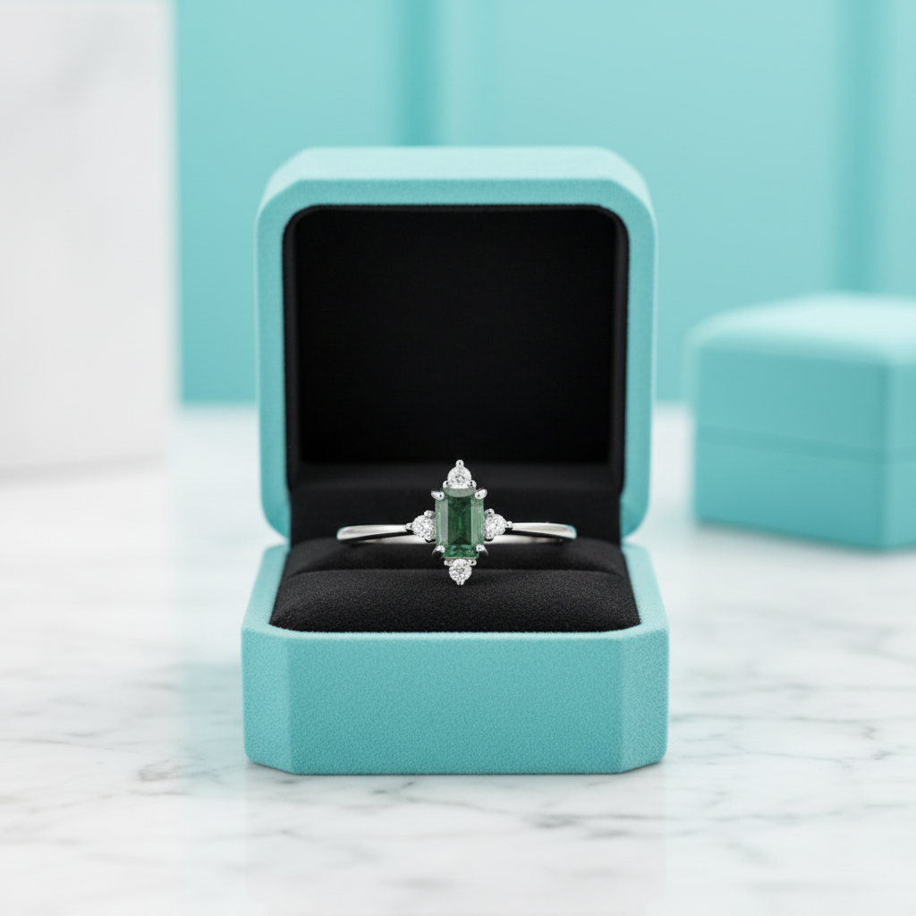 Chronicle of Two Hearts- Emerald Moss Agate & Cyan Moissanite Ring - Evani Naomi Jewelry
