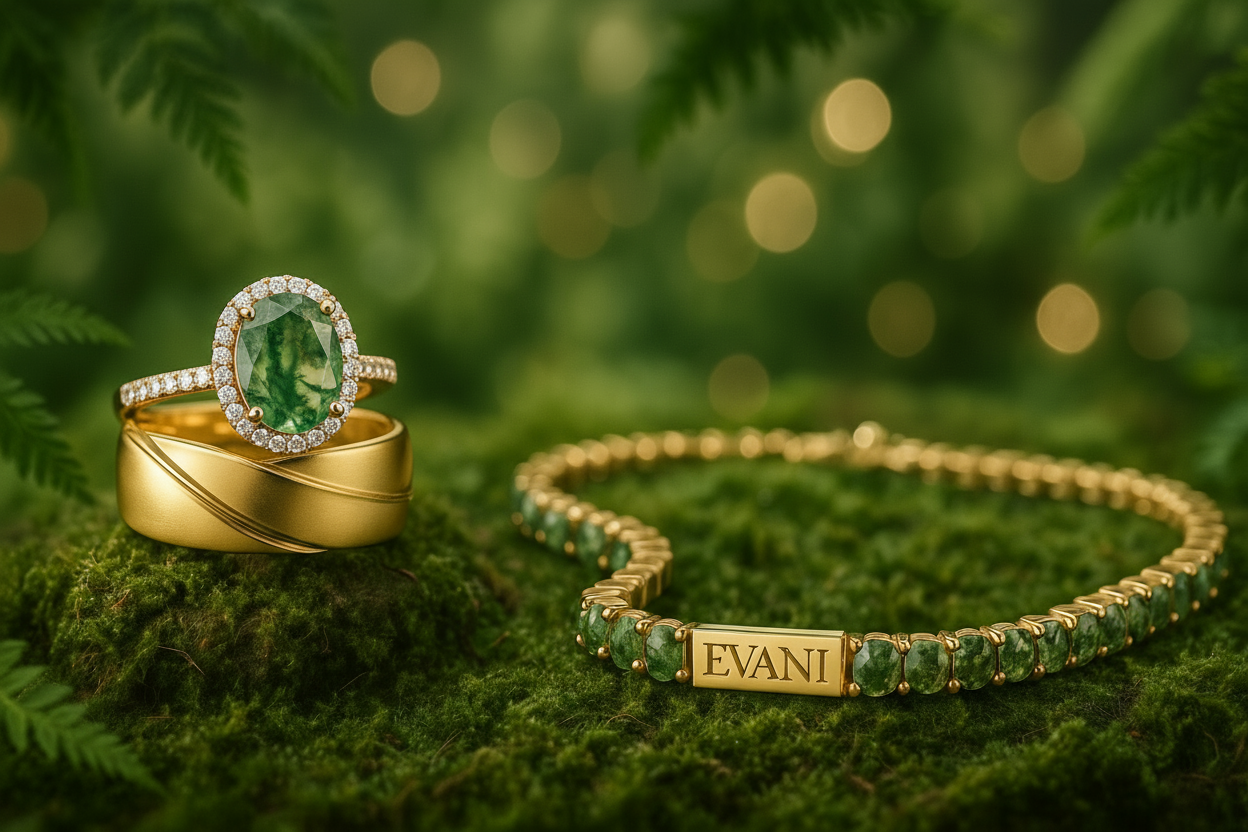 Gold ring and bracelet with green gemstones on a green foliage background