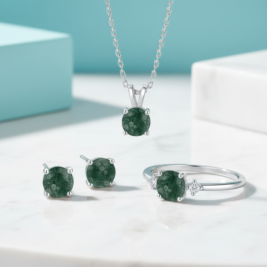 Quiet Miracle of Us- Moss Agate & Alexandrite Rings Stud Earrings-Evani Jewelry