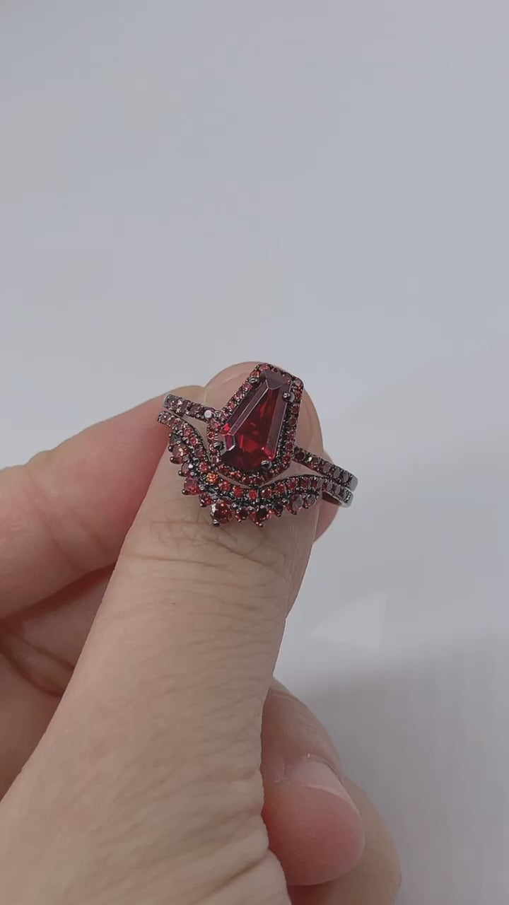 Best Love Gothic Wedding Rings in Garnet Coffin Cut Diamond