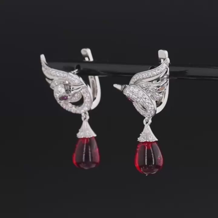 Elegant Swan with Ruby Birthstone Tear Earrings
