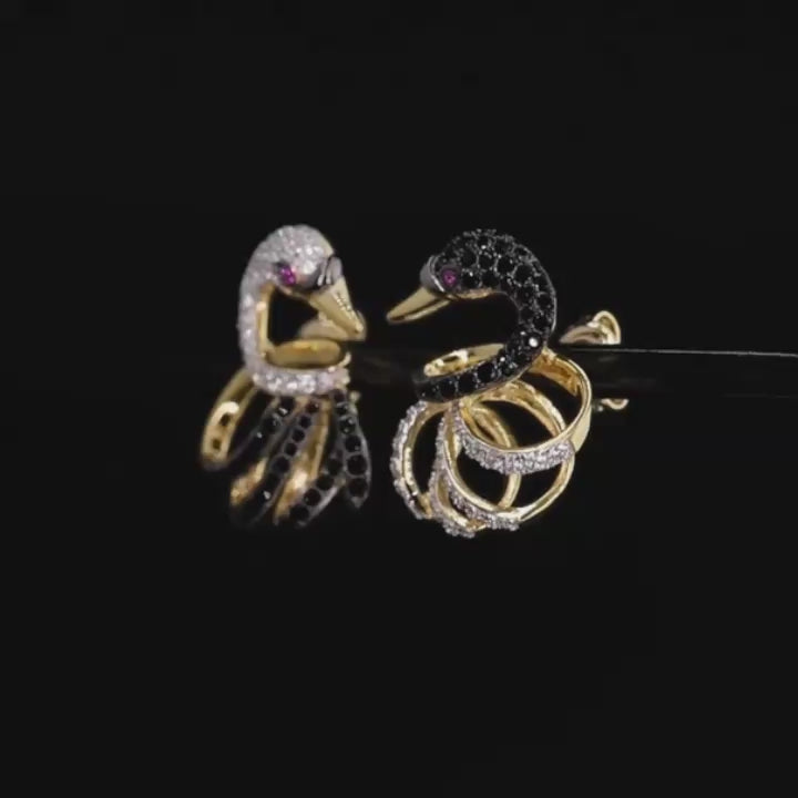 Sparkling White & Black Diamond Lovely Swan Stud Earrings