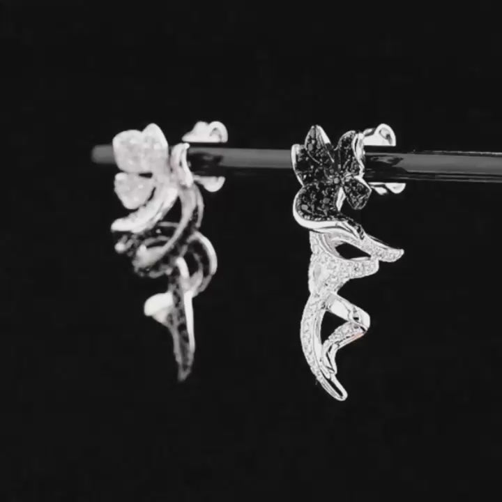 Unique Black & Silver Flower with Vines Clip Earrings