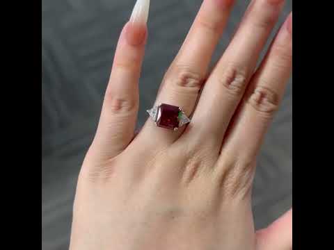 Ruby Radiant & Triangle Cut Three Stone White Gold Engagement Ring