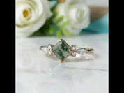 Crystal Blossom- Unique Square Shape Natural Moss Agate Engagement Ring
