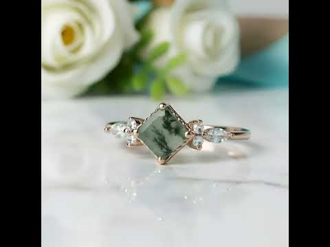 Crystal Blossom- Unique Square Shape Natural Moss Agate Engagement Ring