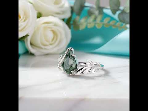 Glade of Shared Laughter- Kite Cut Natural Moss Agate Leaf Rings
