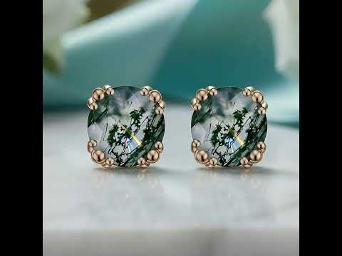 Beaded Promise- Unique Round Cut Moss Agate Claw Prongs Studs Earrings
