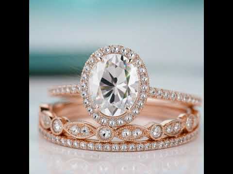 1.5 Ct Oval Diamond Option 14k Rose Gold Halo Engagement Ring Set