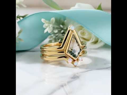 Celestial Promise- Unique Crown Natural Moss Agate Promise Ring Set