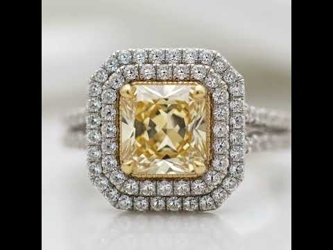 3.0 ct Fancy Yellow Radiant Cut Diamond Option Double Halo Engagement Ring