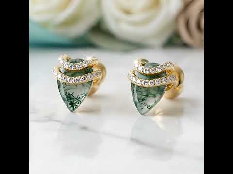 Tapestry of Us- Unique Natural Moss Agate Pear Cut Stud Earring