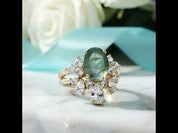 Star-Kissed Gem- Vintage Moss Agate Unique Curved Wedding Band Ring Set