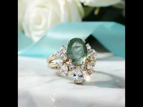 Star-Kissed Gem- Vintage Moss Agate Unique Curved Wedding Band Ring Set