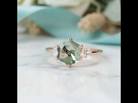 Heart's Golden Hour- Hexagon Cut Natural Moss Agate Engagement Ring