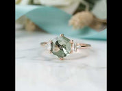 Heart's Golden Hour- Hexagon Cut Natural Moss Agate Engagement Ring