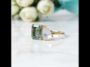 Sailor's Promise- Emerald Cut Moss Agate with Pear Cut Moonstone Engagement Ring