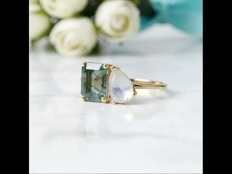 Sailor's Promise- Emerald Cut Moss Agate with Pear Cut Moonstone Engagement Ring