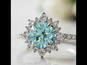 Halo Round Cut Cyan Blue Engagement Ring