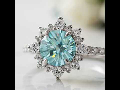 Halo Round Cut Cyan Blue Engagement Ring