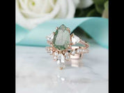 Forest's Cosmic Heart- Unique Natural Moss Agate Vintage Cluster Wedding Ring Set