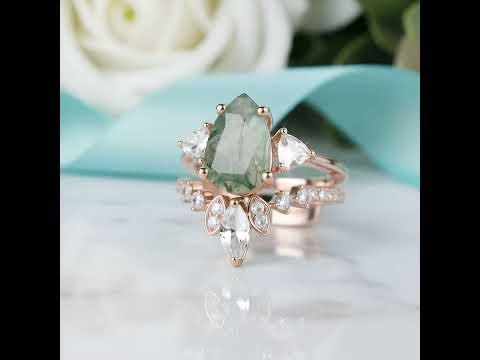 Forest's Cosmic Heart- Unique Natural Moss Agate Vintage Cluster Wedding Ring Set