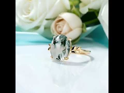 Love Untouched by Time- Unique Oval Natural Moss Agate Rings