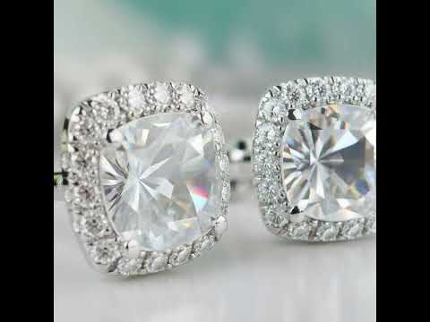 Cushion Cut Diamond Option 14K White Gold Halo Stud Earrings