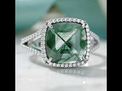 Dewdrop Sparkle- Cushion Cut Natural Moss Agate Ring