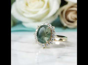 Halo of Dewdrops- Moss Agate Oval Cut Unique Cluster Halo Engagement Ring