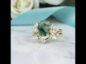 Alchemist's Heart- Vintage Moss Agate Cluster Curved Wedding Band Ring Set