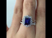 Emerald Cut 3.0ct Blue Sapphire with Halo Bridal Set