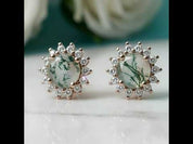 Eternal Pair- Unique Round Cut Moss Agate Snowflake Halo Studs Earrings