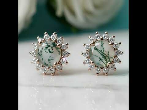 Eternal Pair- Unique Round Cut Moss Agate Snowflake Halo Studs Earrings