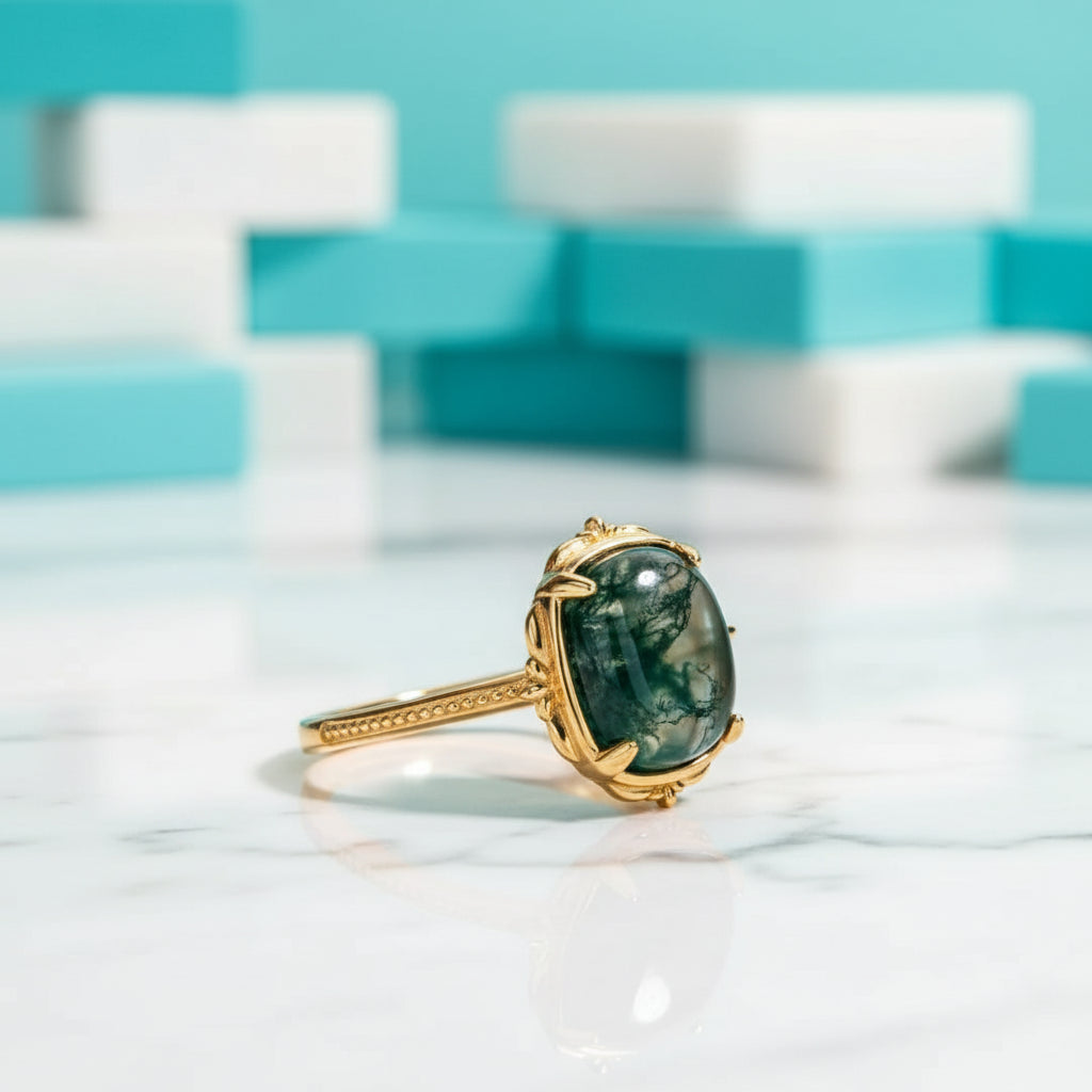 Ring of Ever-Green- Oval Cut Moss Agate Engagement Rings-Evani Jewelry
