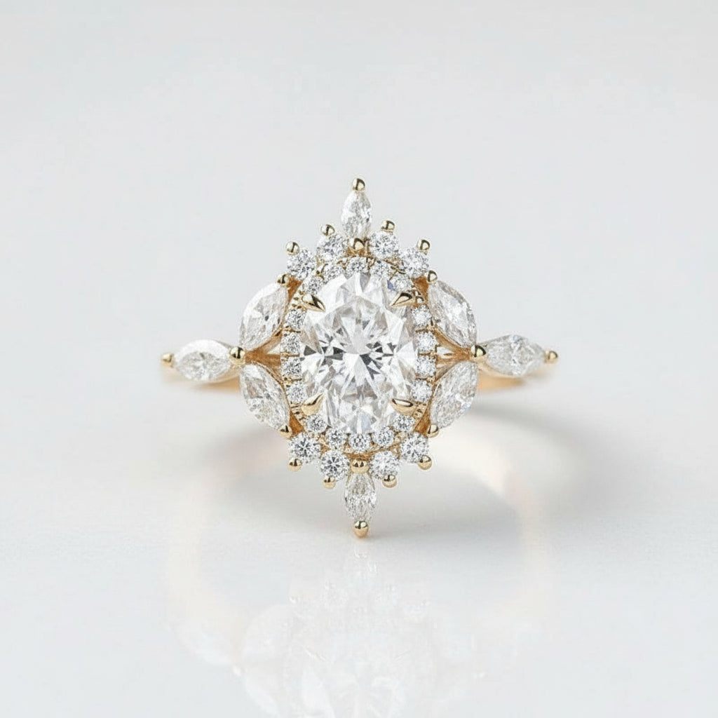 14K Gold 1.0 Ct Oval Cut Antique Flower Engagement Ring-Evani Jewelry