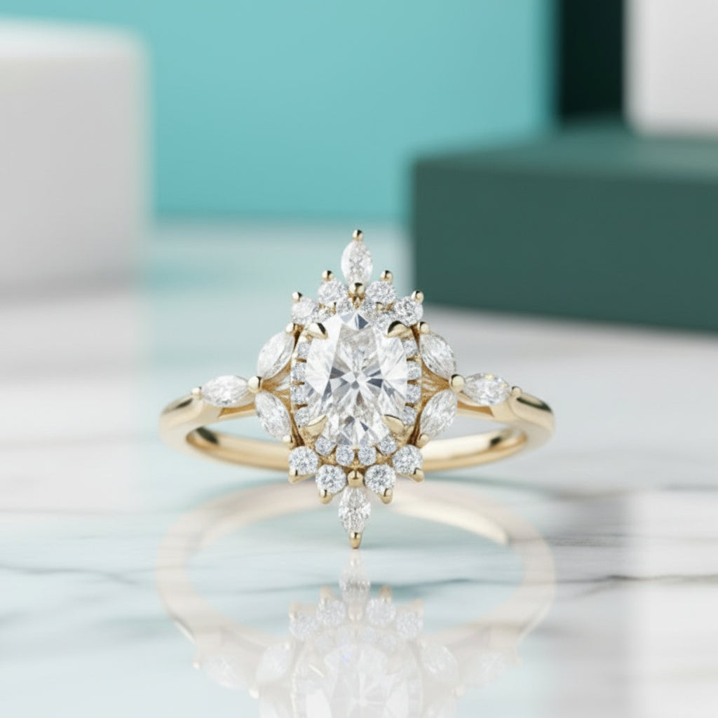 14K Gold 1.0 Ct Oval Cut Antique Flower Engagement Ring-Evani Jewelry