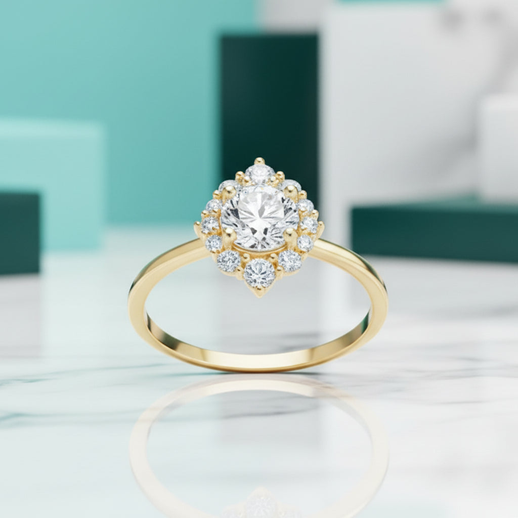 14k Round Cut Diamond Halo Engagement Ring-Evani Jewelry