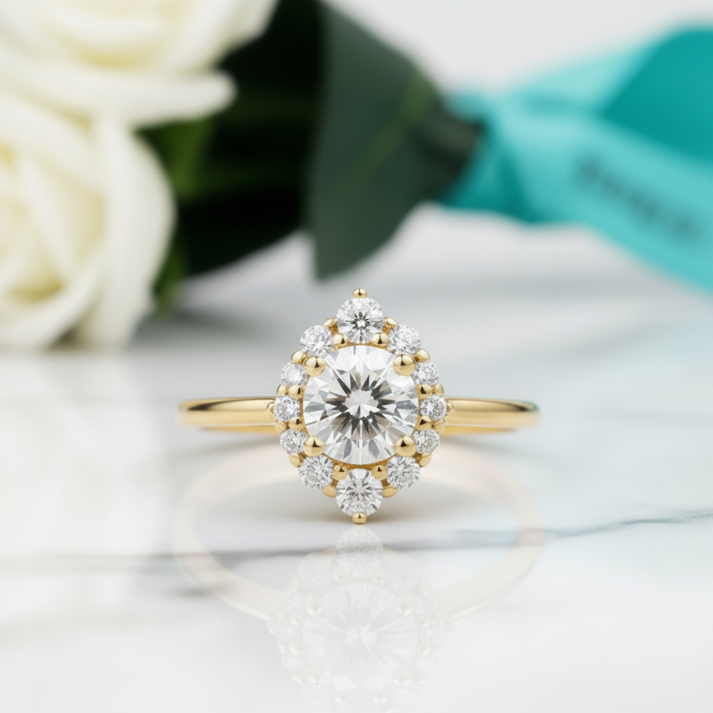 14k Round Cut Diamond Halo Engagement Ring-Evani Jewelry