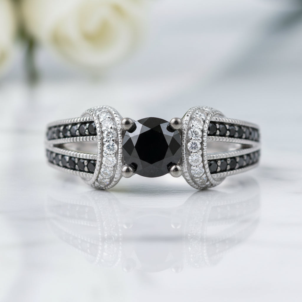 1.0 Ct Round Cut Black and White Diamond Engagement Ring-Evani Jewelry