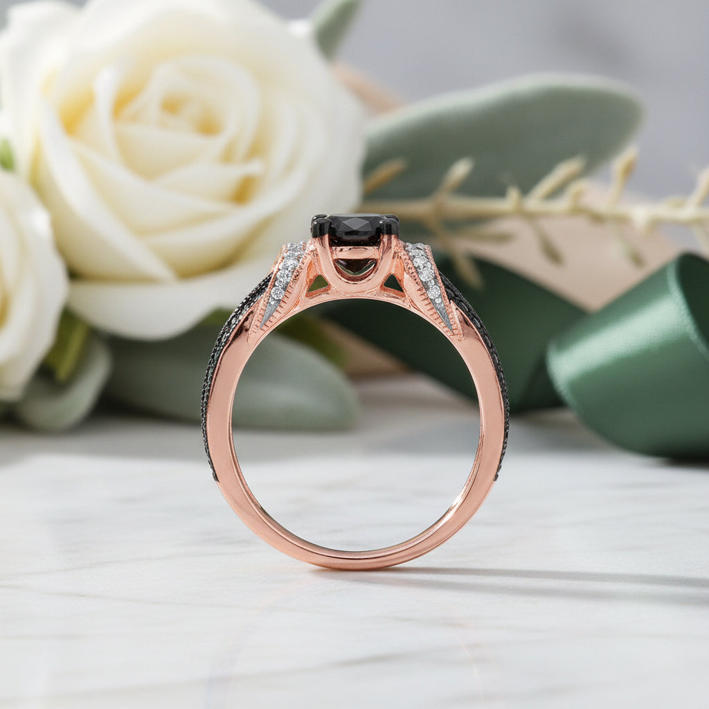 1.0 Ct Round Cut Black and White Diamond Engagement Ring-Evani Jewelry